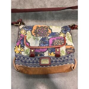 Vintage Fossil Crossbody Bag Floral Canvas Suede Boho Purse Multicolor 11 X 8